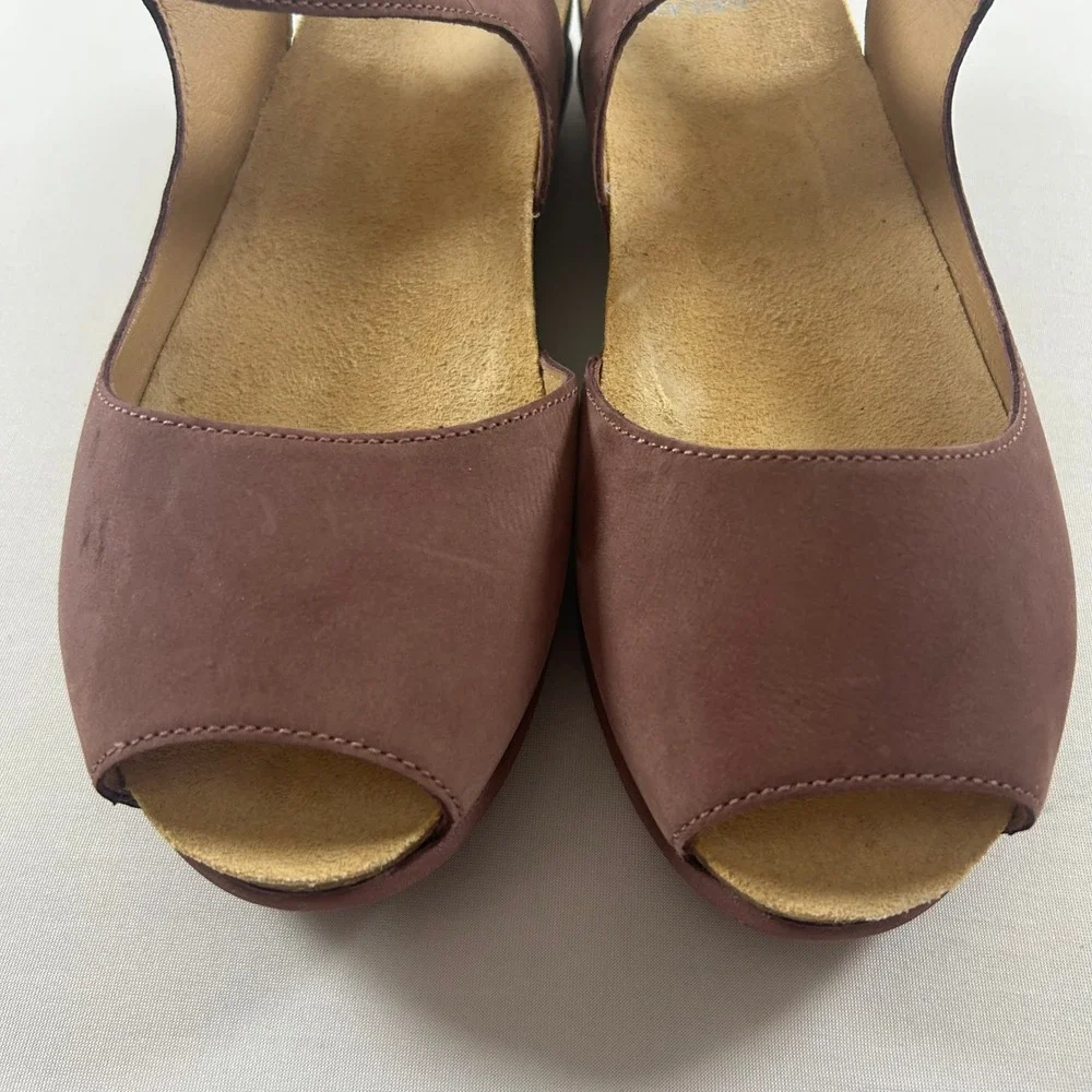 Dansko Marcy Sandals Womens 38 / 7.5-8 Rose Nubuck Leather Peep Toe Cork Heel